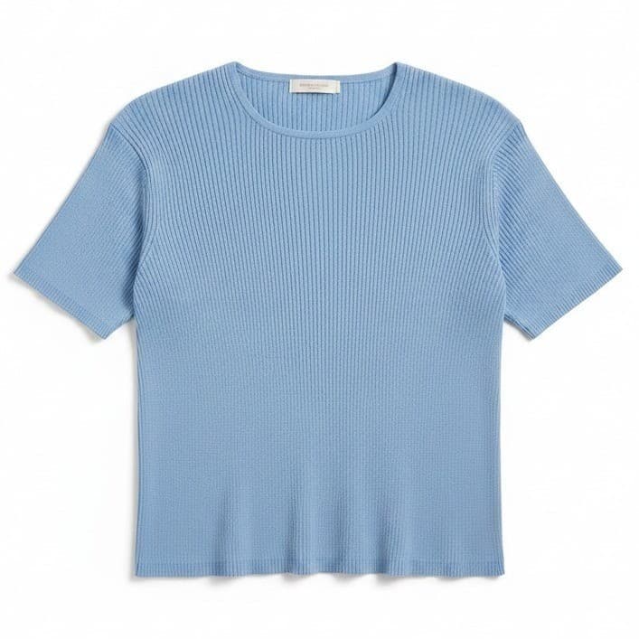 Kevo Collection Blue 100% Silk Ribbed Short Sleeve Knit Sweater, Women's Large