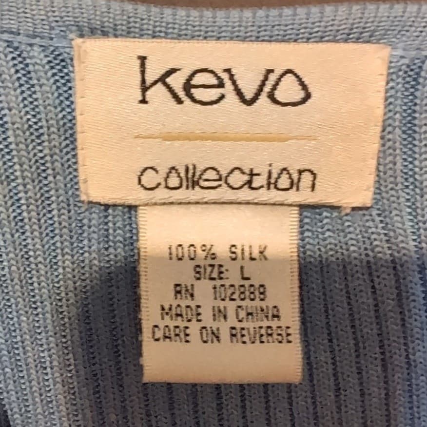 Kevo Collection Blue 100% Silk Ribbed Short Sleeve Knit Sweater, Women's Large - Thumbnail 5