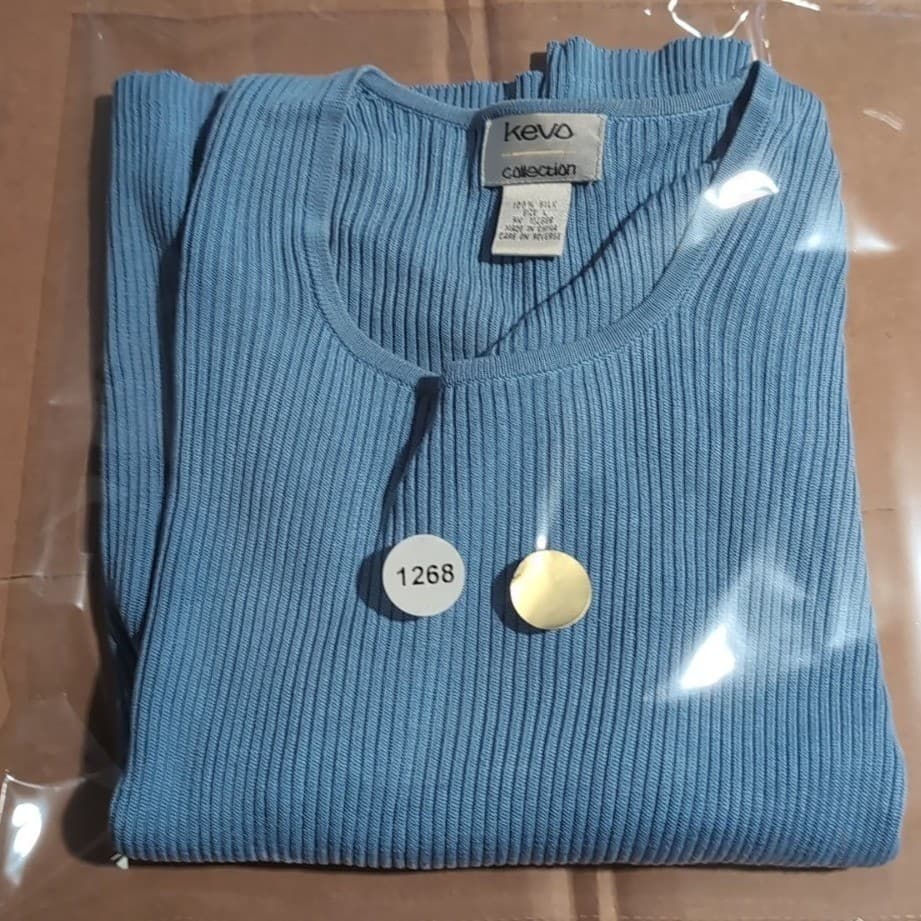 Kevo Collection Blue 100% Silk Ribbed Short Sleeve Knit Sweater, Women's Large - Thumbnail 7