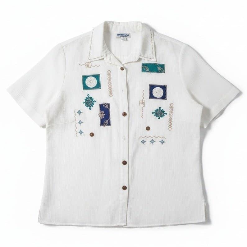 Alfred Dunner White Embroidered Button Up, Short Sleeve Shirt, Women's Size 16