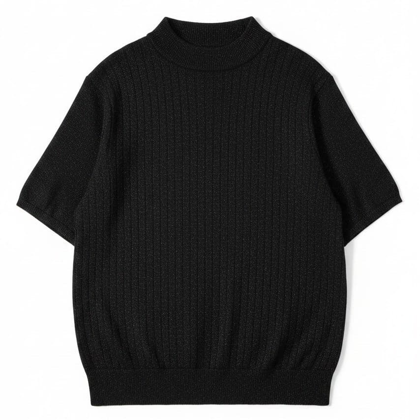 Sag Harbor Black Metallic Ribbed Mock Neck Short Sleeve Sweater, Women's Large