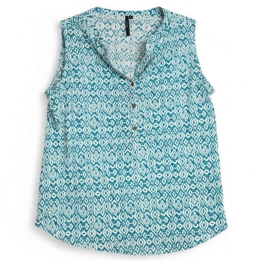 Cathy Teal White Geometric Ikat Sleeveless Henley Blouse Top, Women's Large
