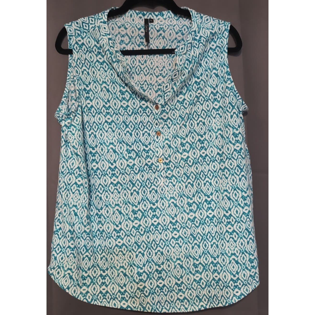 Cathy Teal White Geometric Ikat Sleeveless Henley Blouse Top, Women's Large - Thumbnail 3