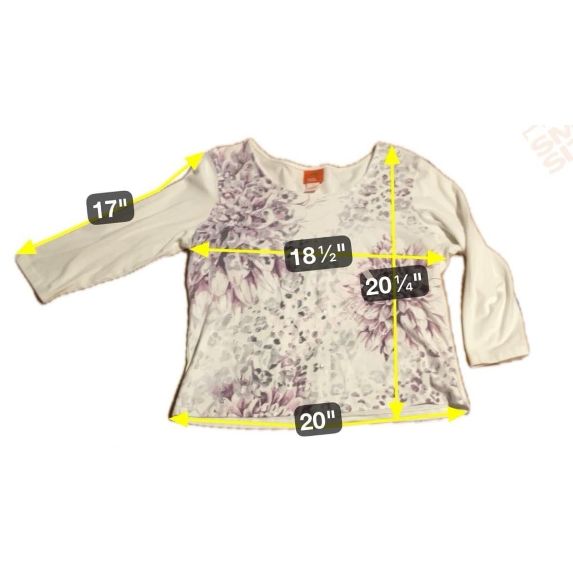 Hearts of Palm Purple Floral Leopard Print 3/4 Sleeve Top, White, Women's Large - Thumbnail 2