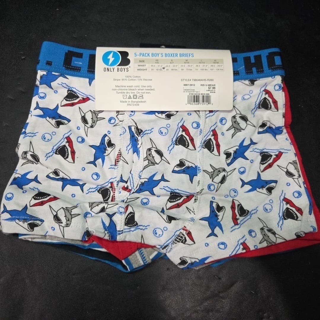 Only Boys 5 Pack Boxer Briefs Shark Prints Stripes Blue Red Black XS 4/5 NEW - Thumbnail 2
