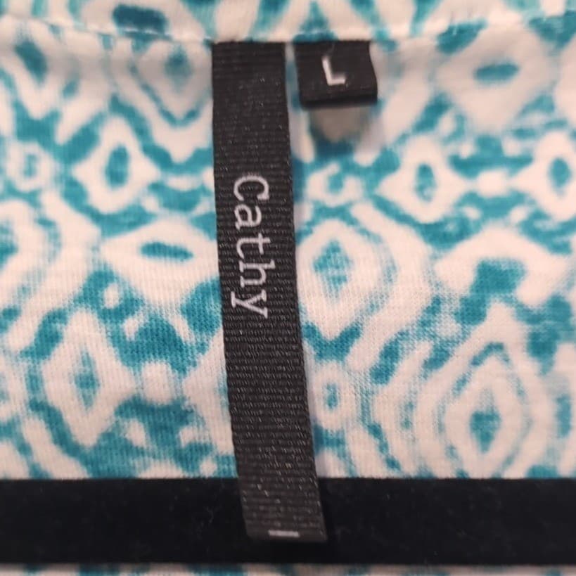 Cathy Teal White Geometric Ikat Sleeveless Henley Blouse Top, Women's Large - Thumbnail 5