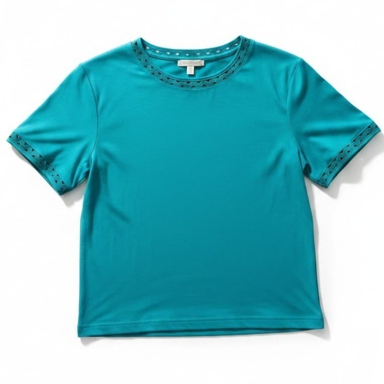 Blair Teal Crochet Lattice Trim Short Sleeve Knit Top, Women's Large