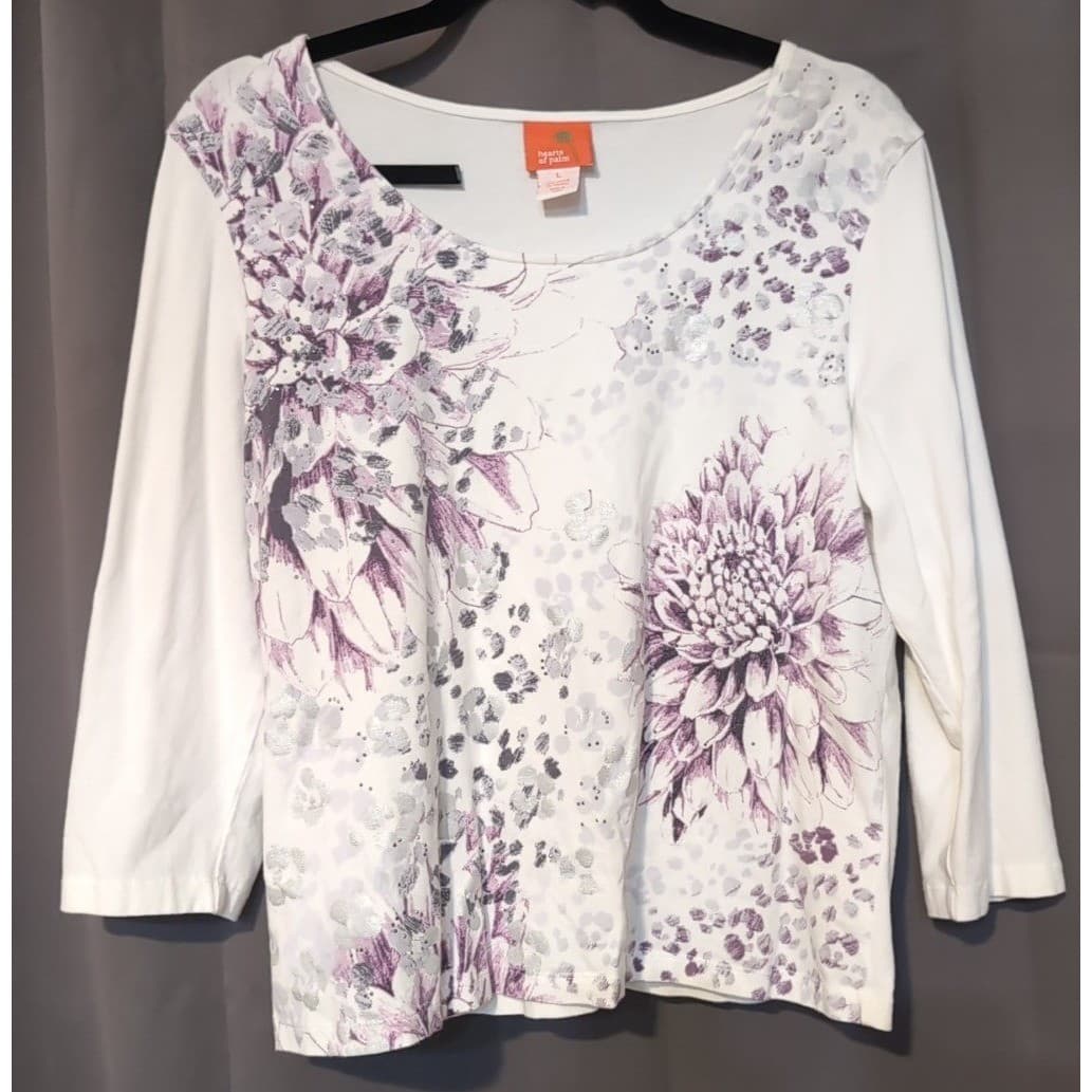 Hearts of Palm Purple Floral Leopard Print 3/4 Sleeve Top, White, Women's Large - Thumbnail 3