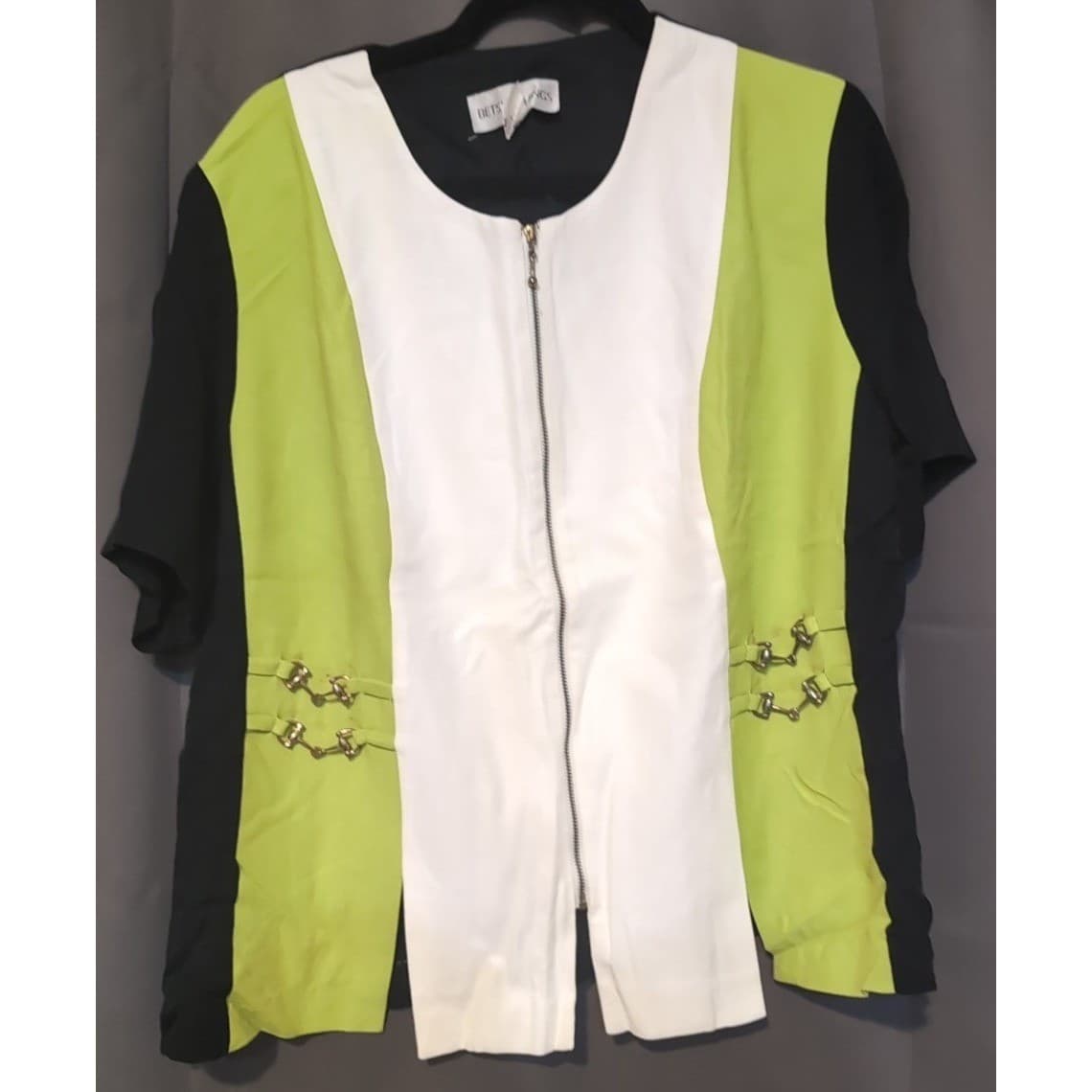 Betsy's Things Vintage 90s Colorblock Horsebit Zip Front Top Lime Green Black 16 - Thumbnail 3