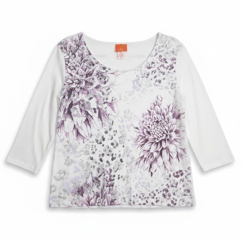 Hearts of Palm Purple Floral Leopard Print 3/4 Sleeve Top, White, Women's Large
