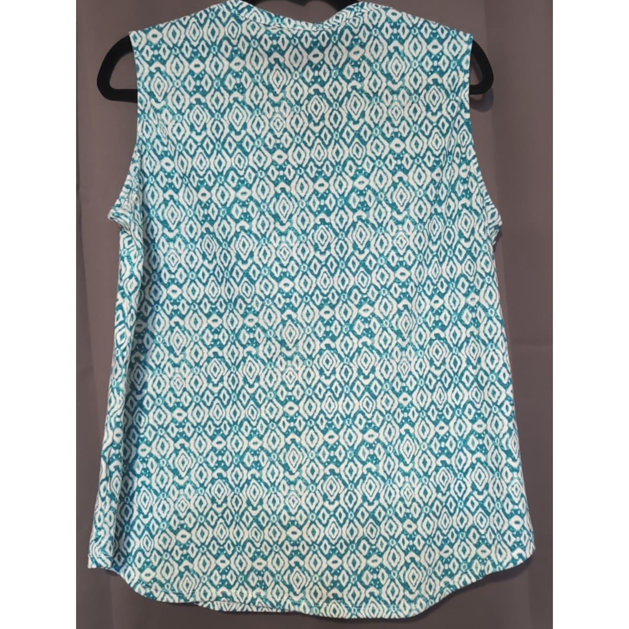 Cathy Teal White Geometric Ikat Sleeveless Henley Blouse Top, Women's Large - Thumbnail 4