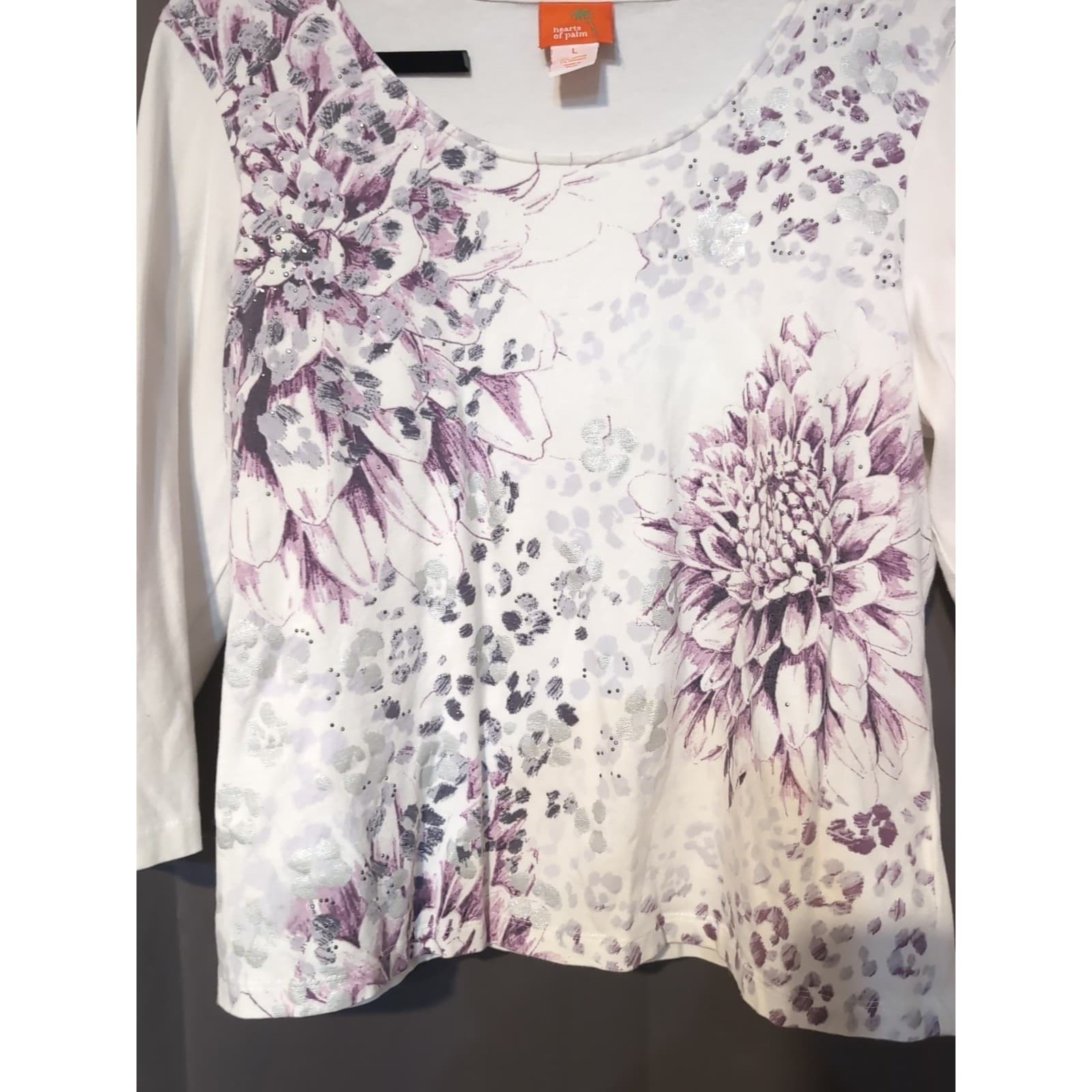 Hearts of Palm Purple Floral Leopard Print 3/4 Sleeve Top, White, Women's Large - Thumbnail 7