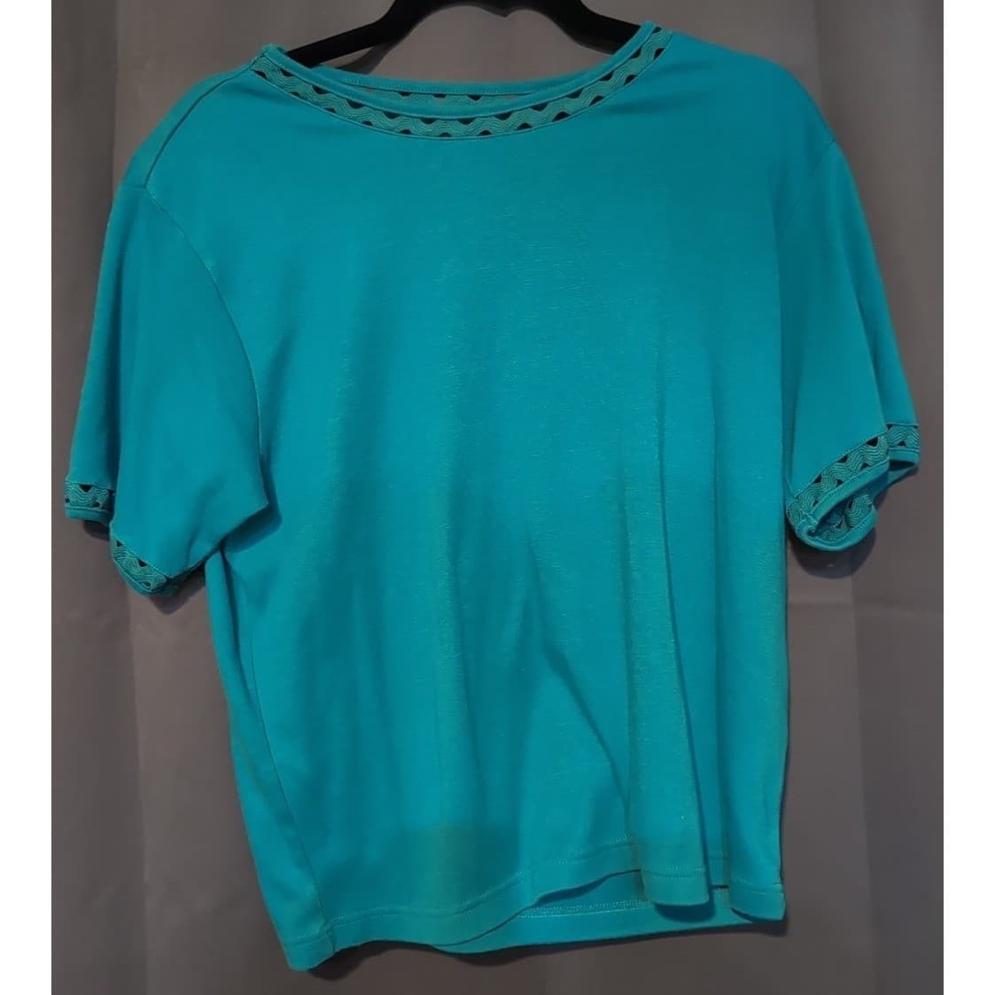 Blair Teal Crochet Lattice Trim Short Sleeve Knit Top, Women's Large - Thumbnail 3