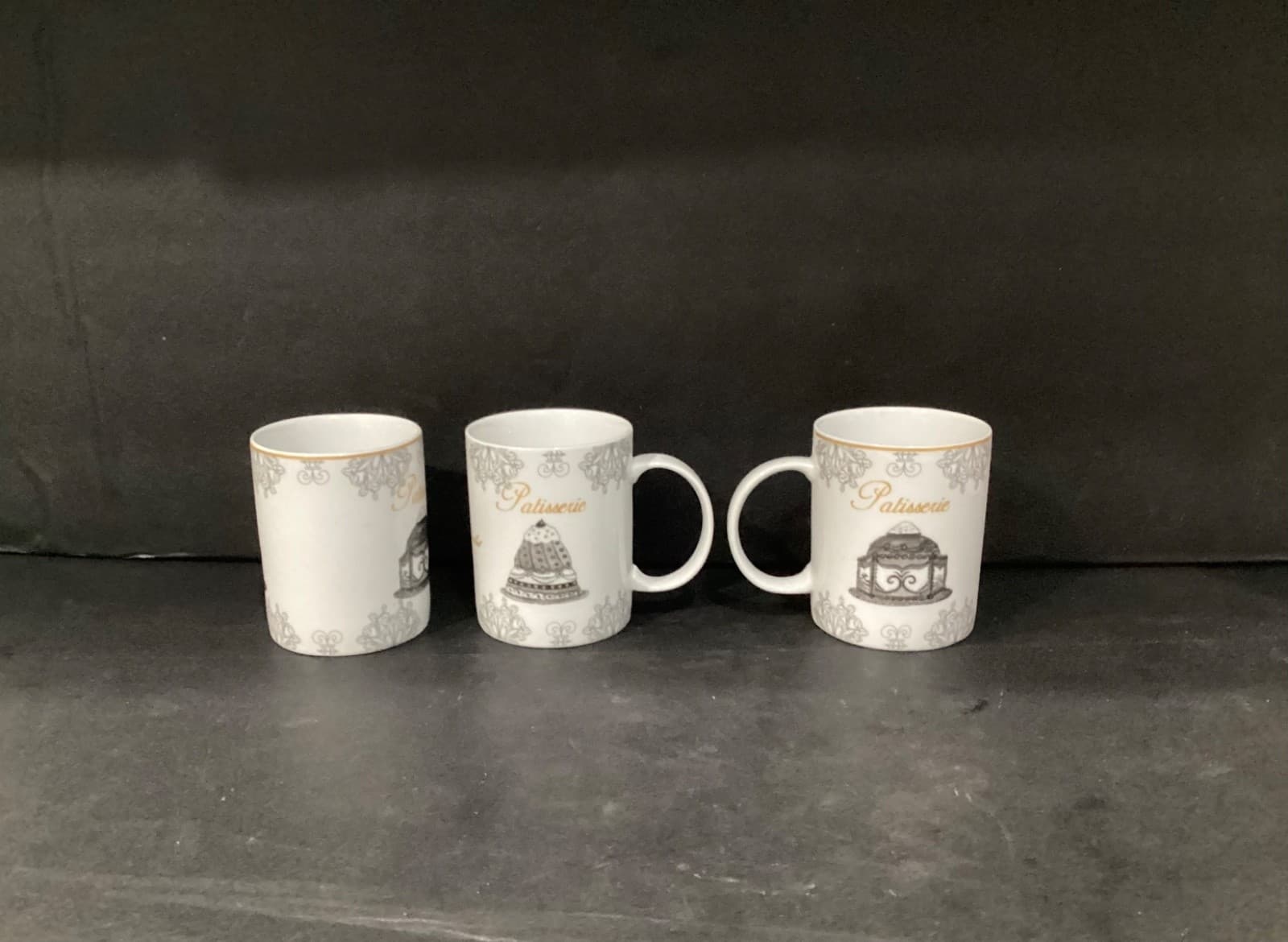 Bia Set of 3 Patisserie White Porcelain Cups with French Pastry Design parisian