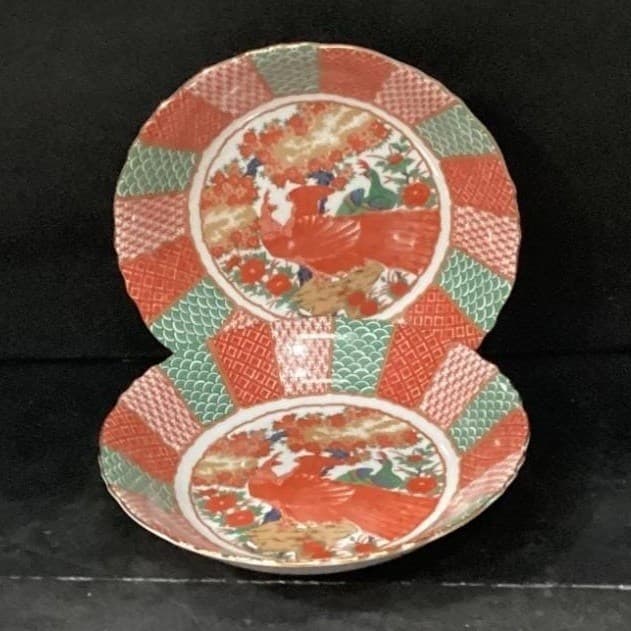Arita Imari Peacock Coupe Bowls, Set of 2, Vintage Asian Themed Dinnerware - Thumbnail 2