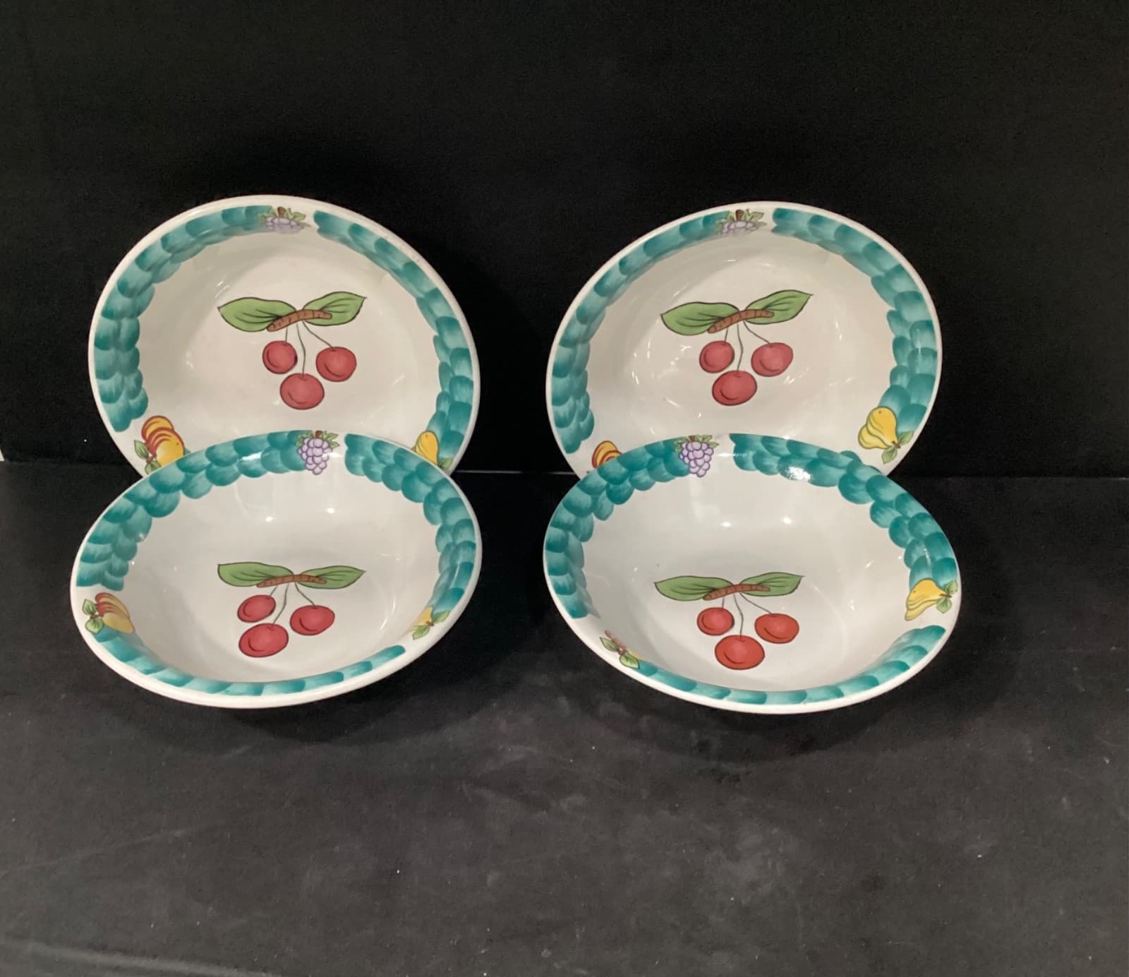 4 Tabletops Unlimited Soup/Cereal Bowls "Italian Fruit" Hand Painted Cherries