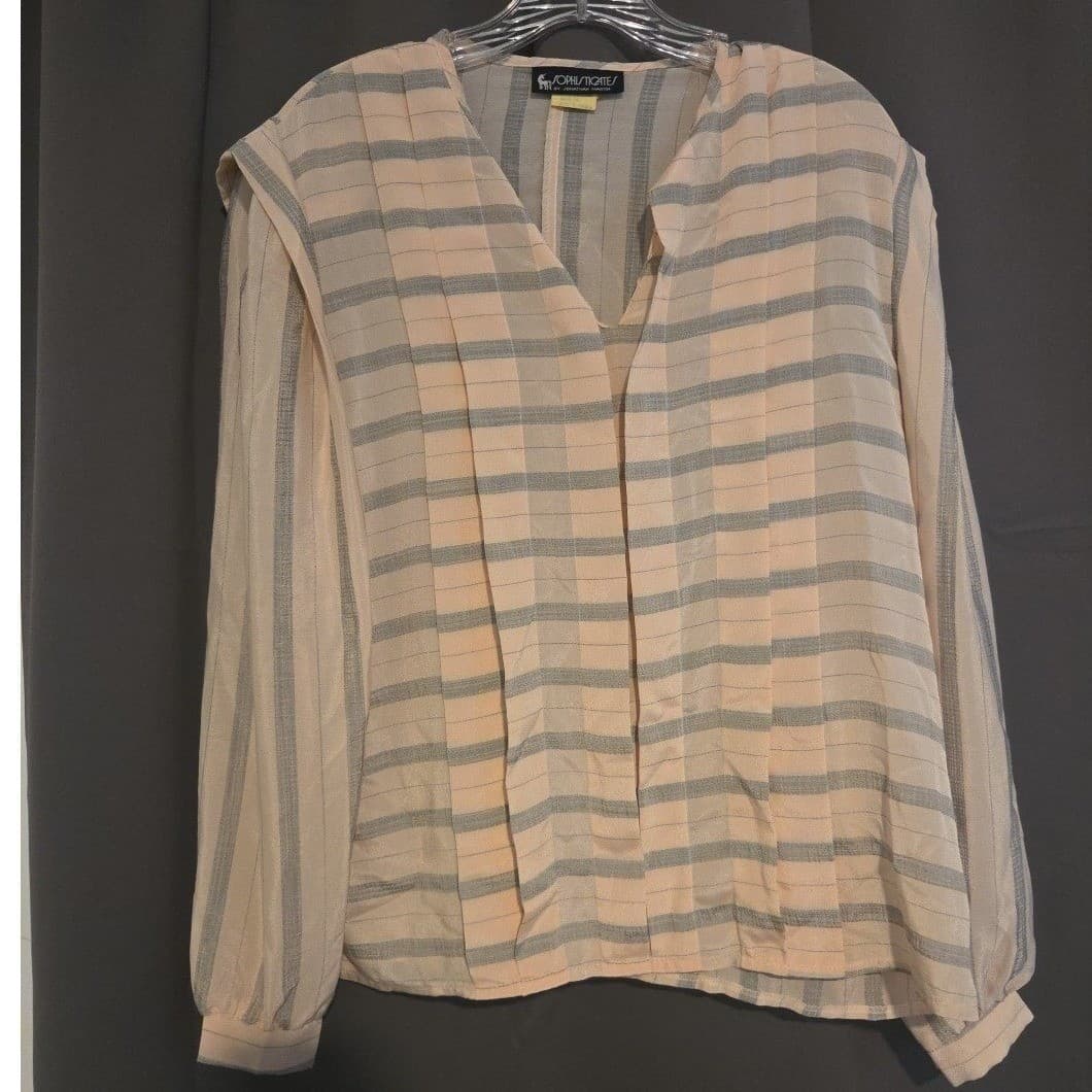 Sophisticates Jonathan Martin Striped V-Neck Pleated Blouse Peach Grey Women's M - Thumbnail 3