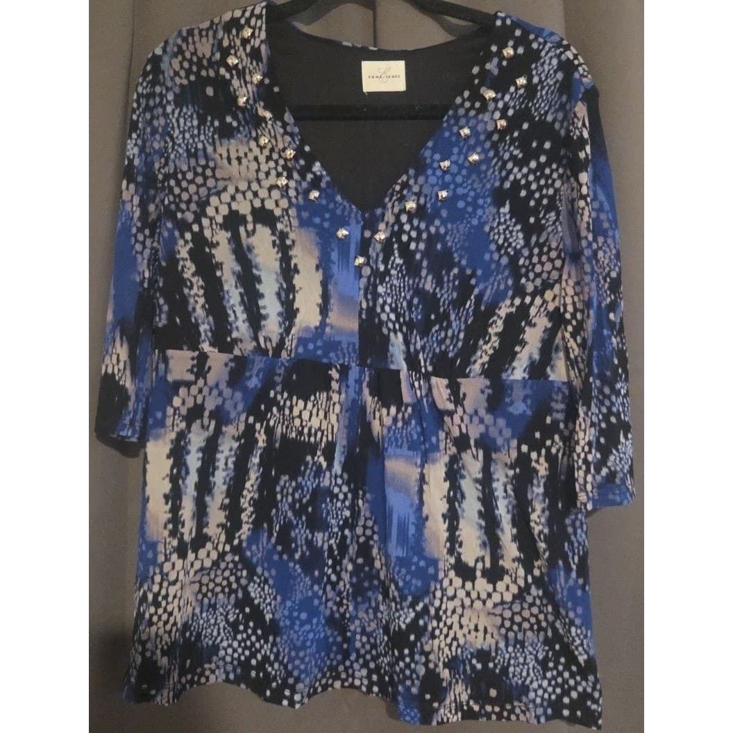 Emma James Blue Black Snakeskin Print Studded V-Neck Mesh Blouse Top, Women's XL - Thumbnail 3