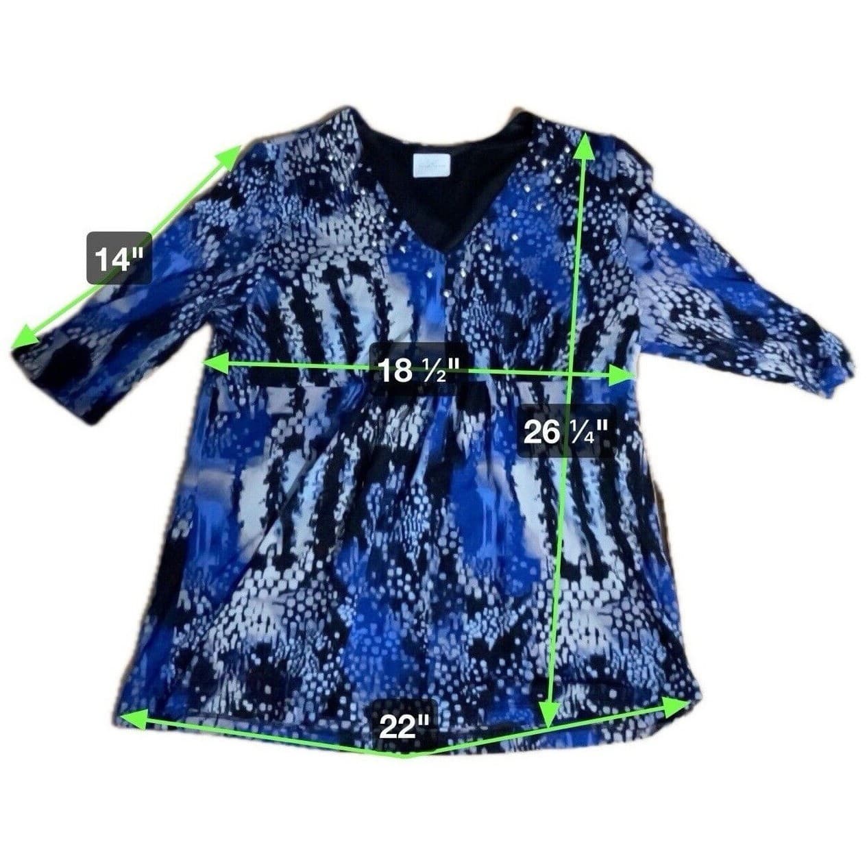 Emma James Blue Black Snakeskin Print Studded V-Neck Mesh Blouse Top, Women's XL - Thumbnail 2
