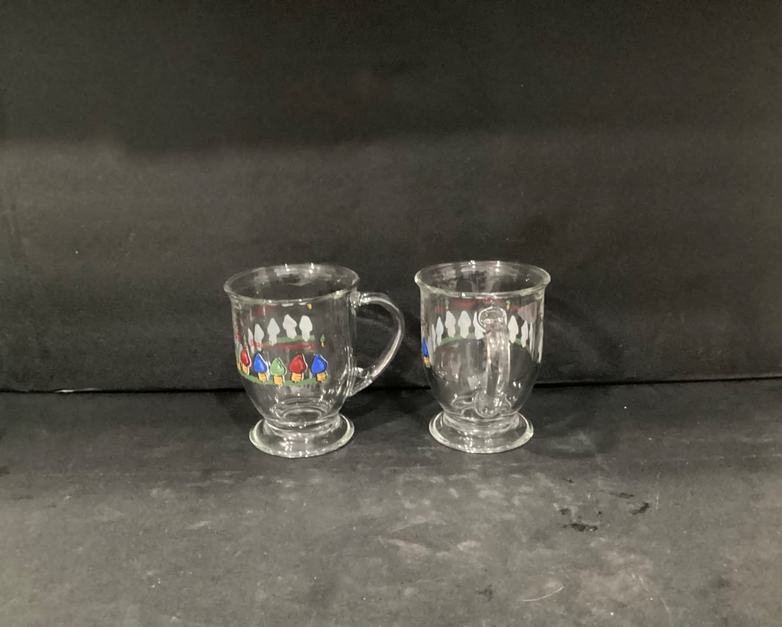 2 Anchor Hocking Clear Coffee Cups Mugs Seasons Greetings Happy Holidays 4.75”