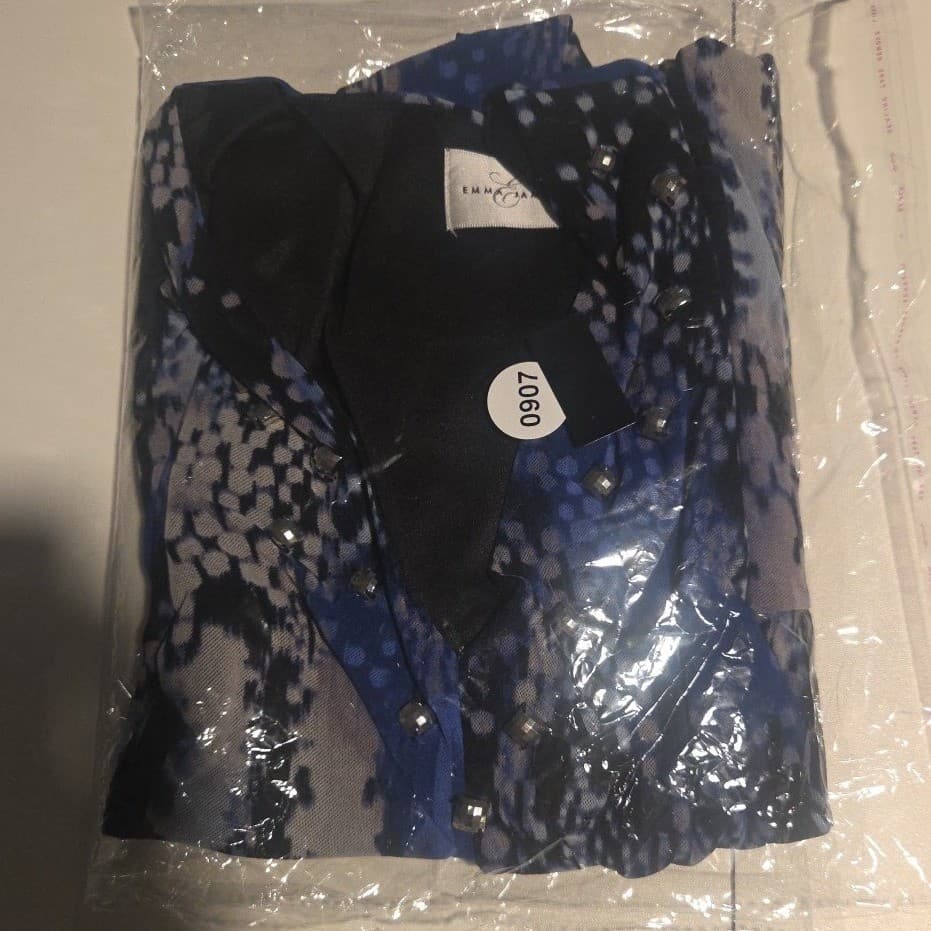 Emma James Blue Black Snakeskin Print Studded V-Neck Mesh Blouse Top, Women's XL - Thumbnail 9