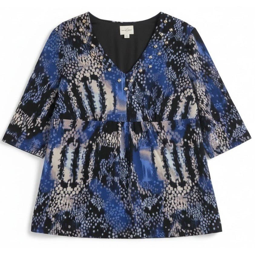 Emma James Blue Black Snakeskin Print Studded V-Neck Mesh Blouse Top, Women's XL