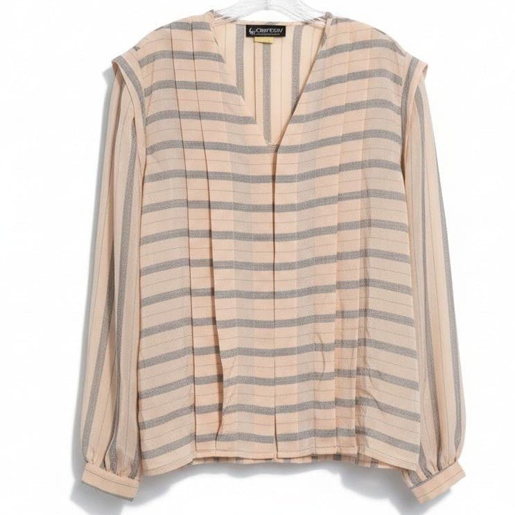 Sophisticates Jonathan Martin Striped V-Neck Pleated Blouse Peach Grey Women's M