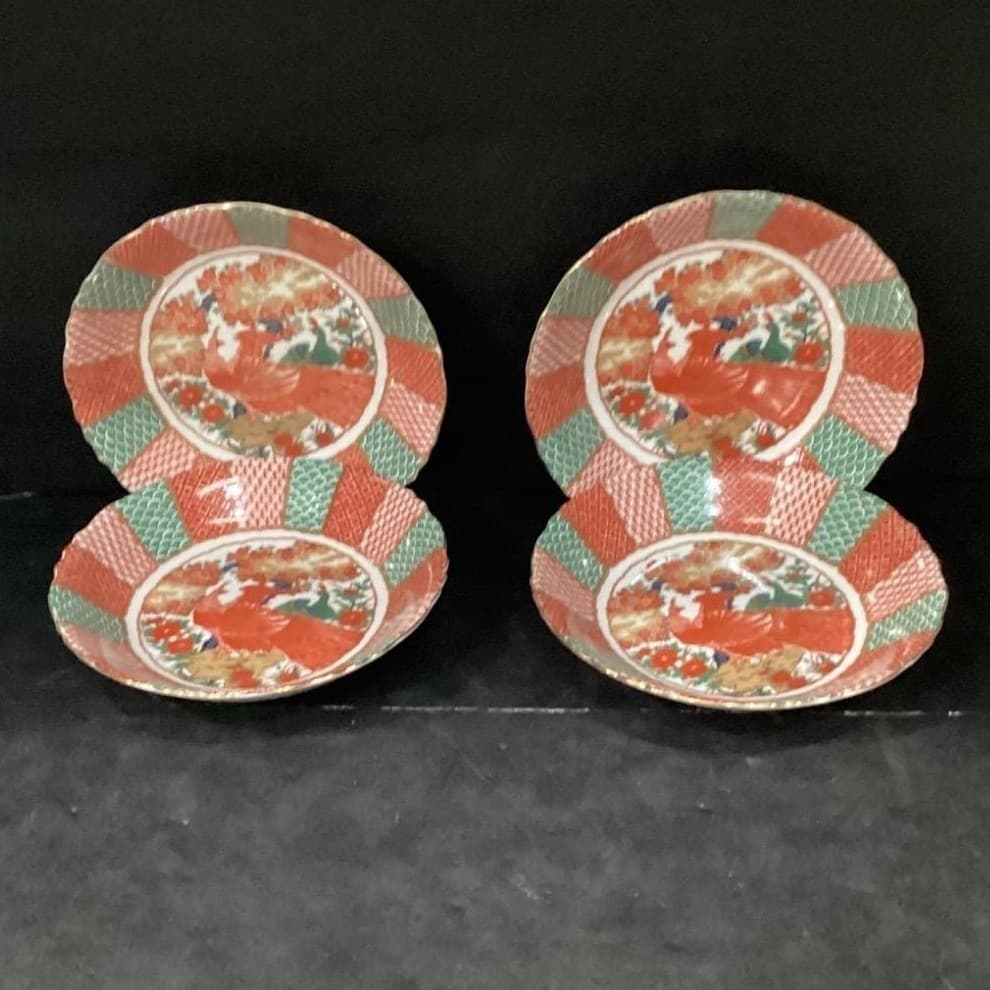 Arita Imari Peacock Coupe Bowls, Set of 4, Vintage Asian Themed Dinnerware - Thumbnail 2