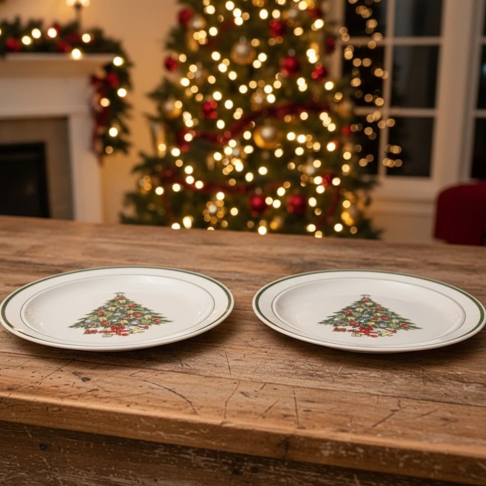 Christmas Tree Dinner Plates, Set of 2, Porcelain Holiday Dishes, Vintage China