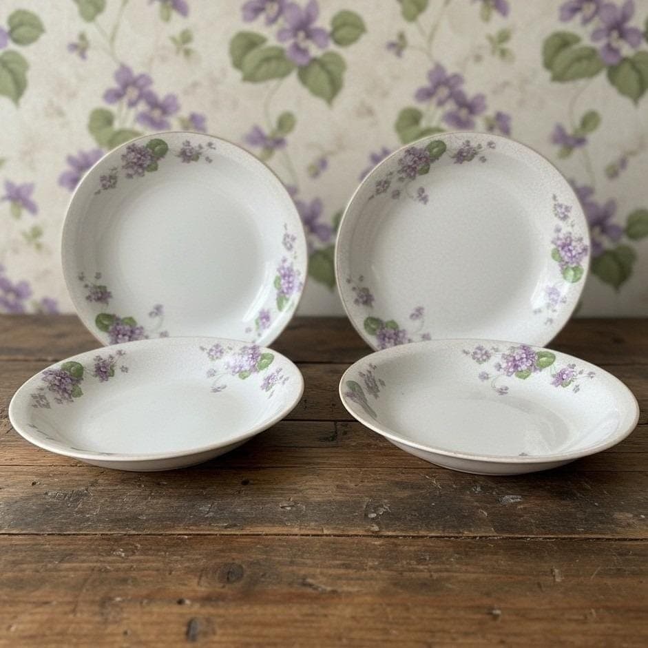 Canonsburg Violets Cereal Bowls, Set of 2, Purple Flowers, Vintage USA Pottery