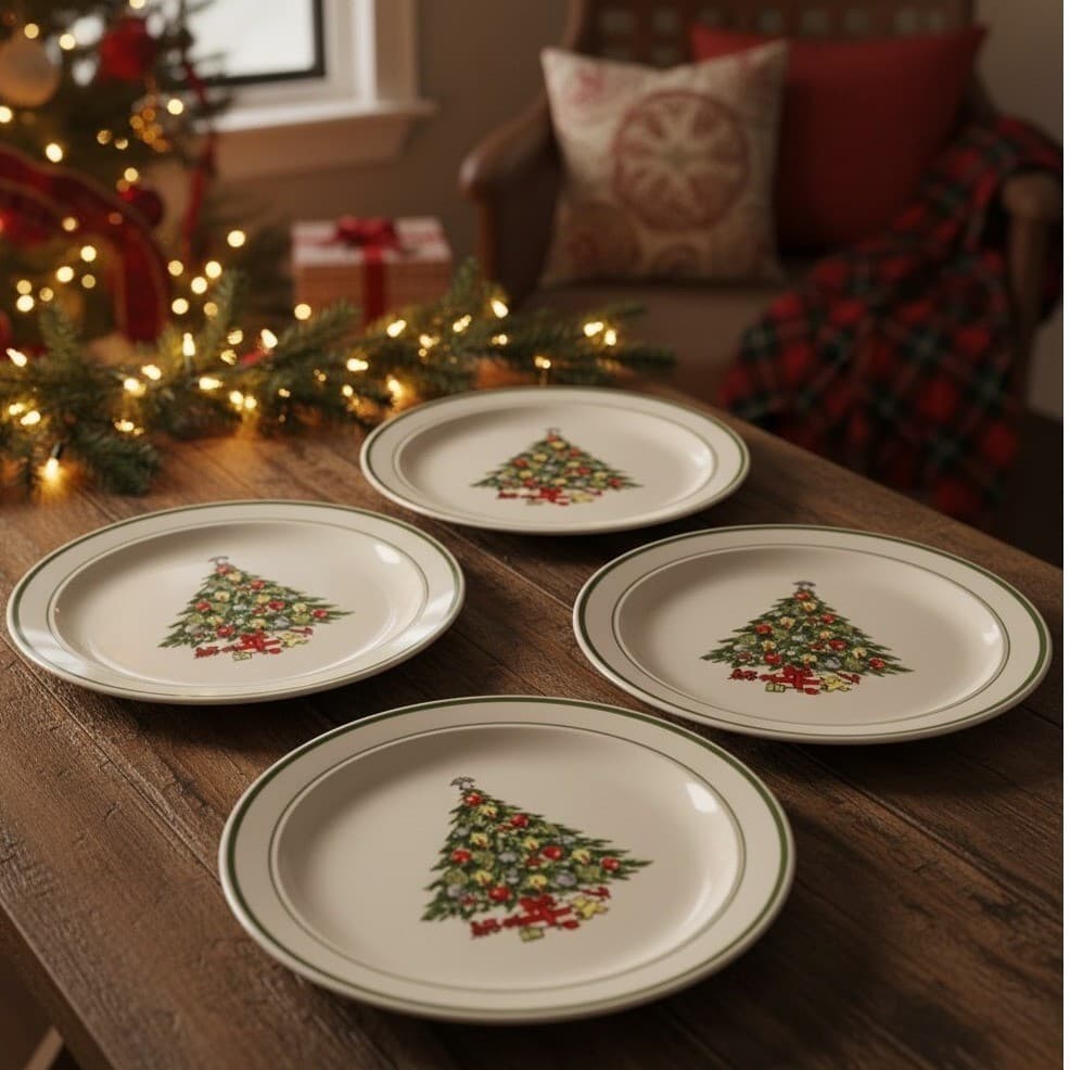 Christmas Tree Dinner Plates, Set of 4, Porcelain Holiday Dishes, Vintage China