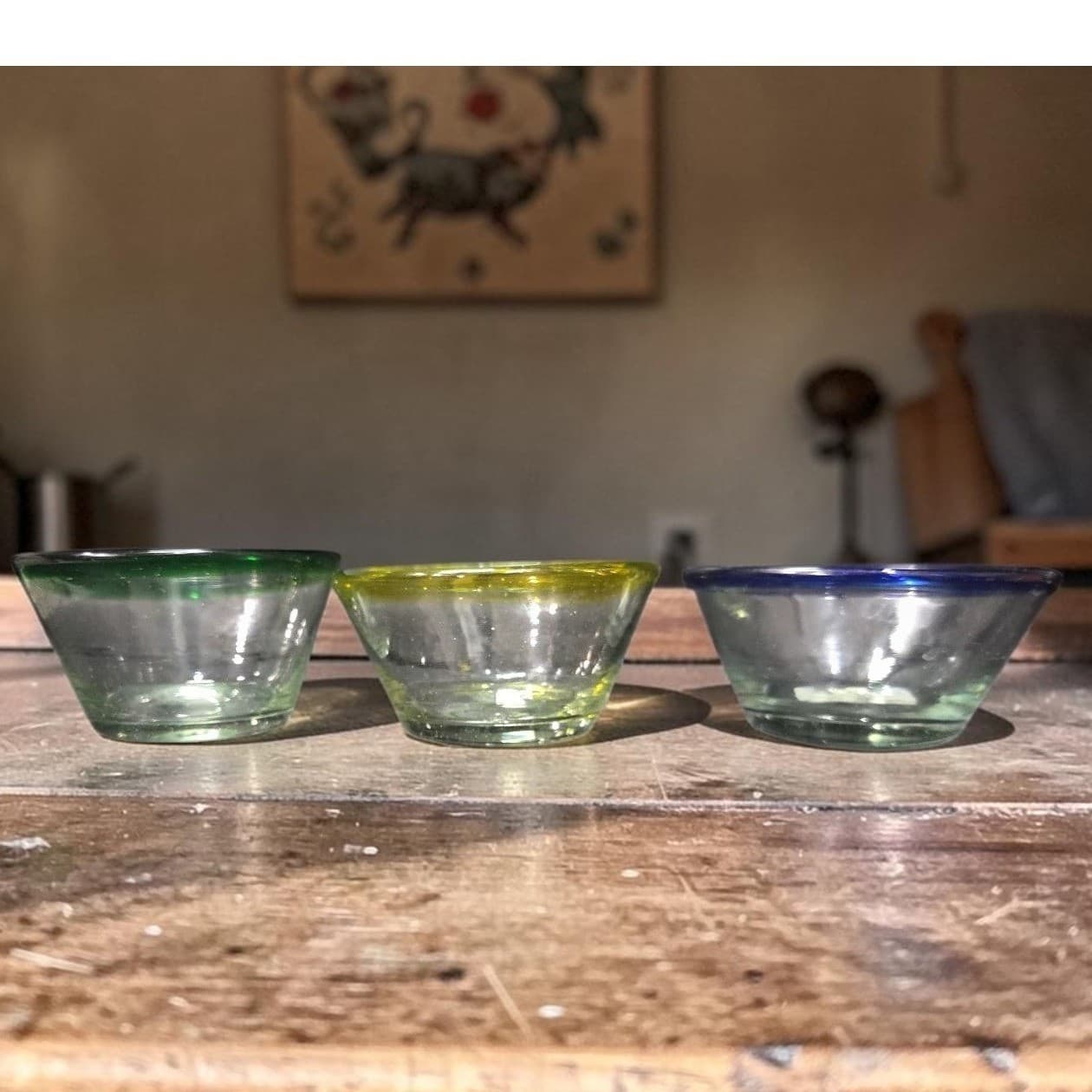 Mexican Hand Blown Berry Bowls, Set of 3, Recycled Artisan Glass, Yellow Green