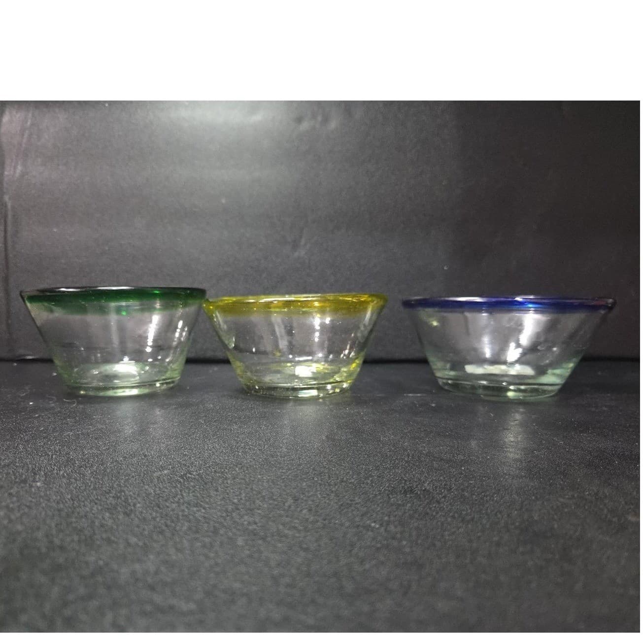 Mexican Hand Blown Berry Bowls, Set of 3, Recycled Artisan Glass, Yellow Green - Thumbnail 2