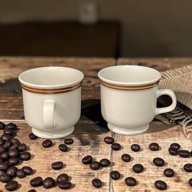 Woodberry Collection Stoneware Coffee Cups, Set of 2 Vintage Brown Stripe Design