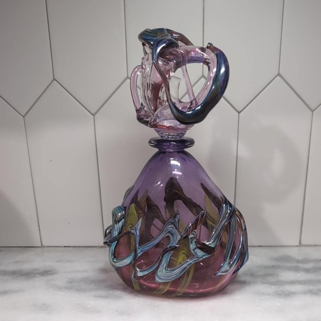 Didier Saba Purple Biot Decanter, Iridescent Blown Vase, Art Glass Collectible - Thumbnail 6