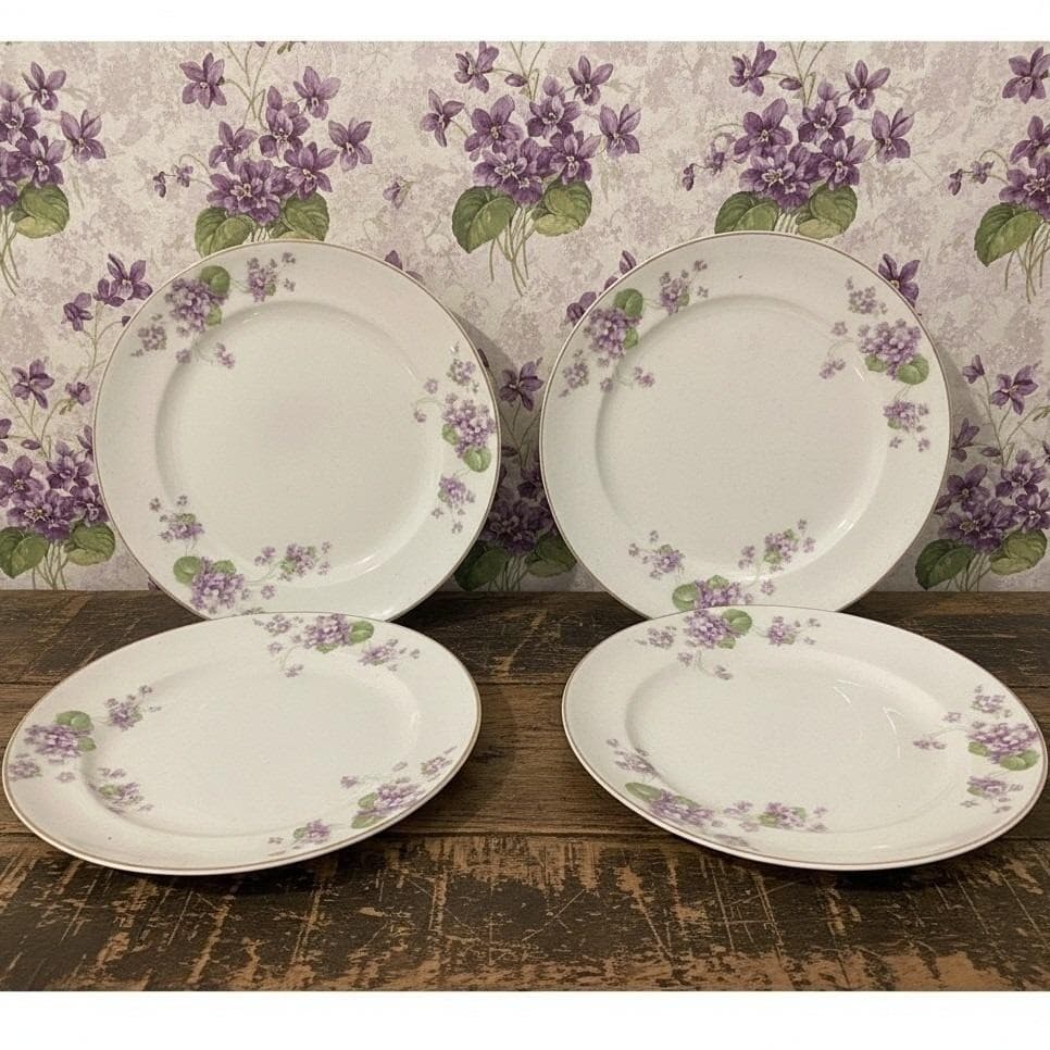 Canonsburg Violets Dinner Plates, Set of 4, Gold Trim, Vintage USA Dinnerware