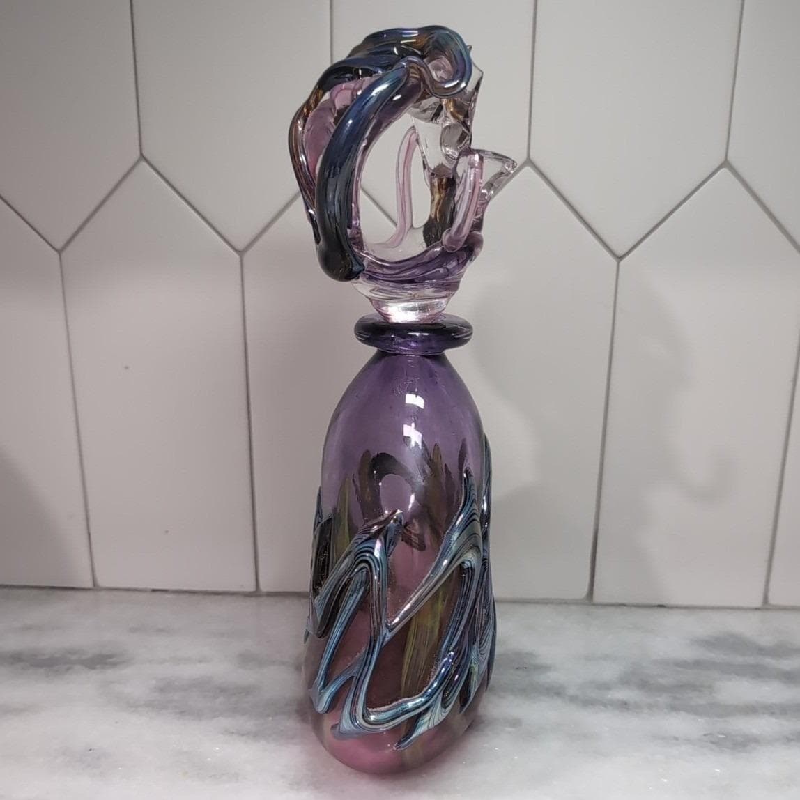 Didier Saba Purple Biot Decanter, Iridescent Blown Vase, Art Glass Collectible - Thumbnail 7