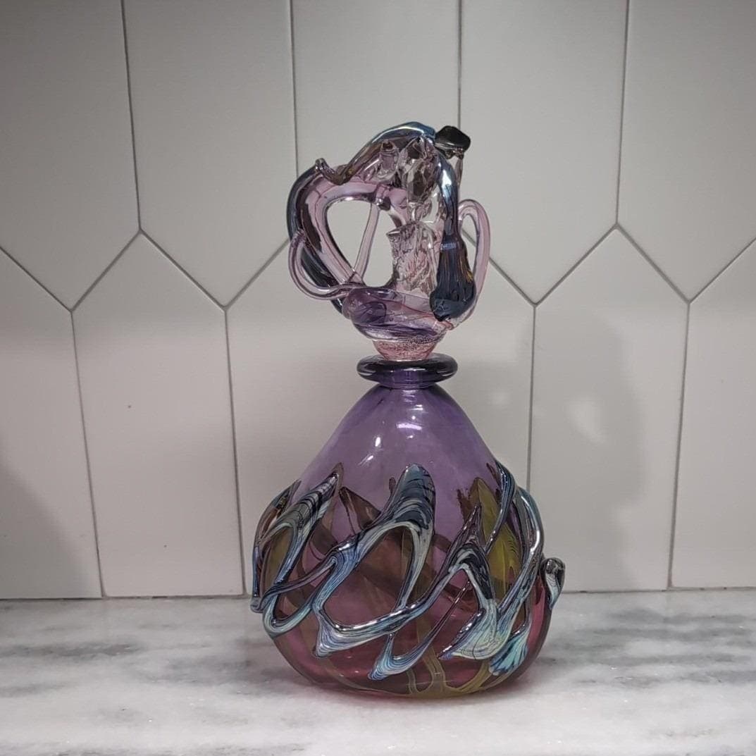 Didier Saba Purple Biot Decanter, Iridescent Blown Vase, Art Glass Collectible - Thumbnail 4