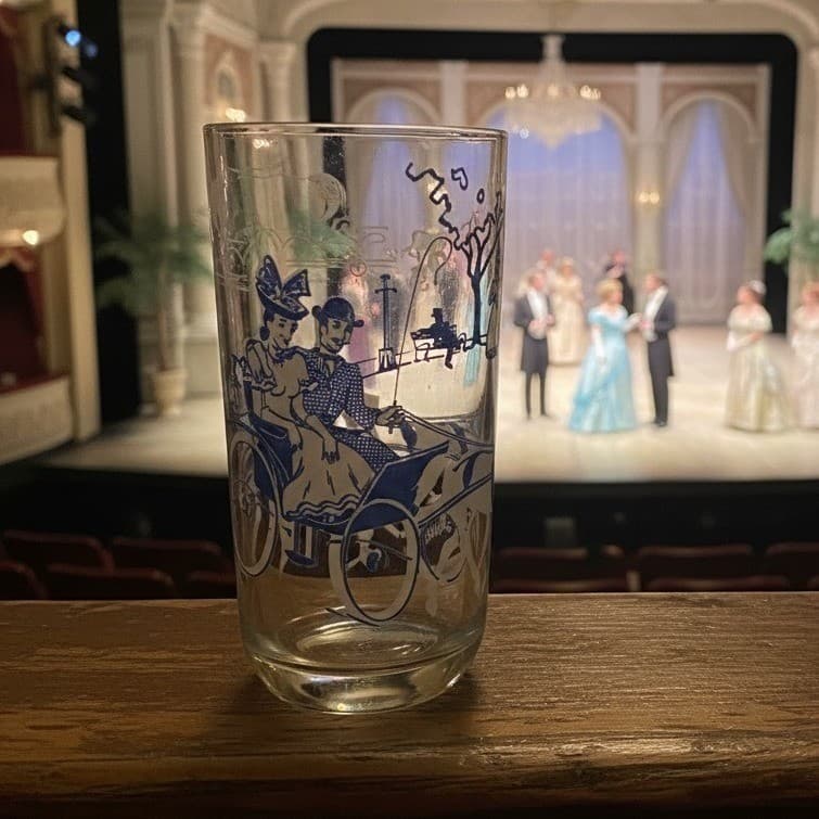 Hazel Atlas "After the Ball" Tumbler, Vintage Song Glass, Blue Scenic Design