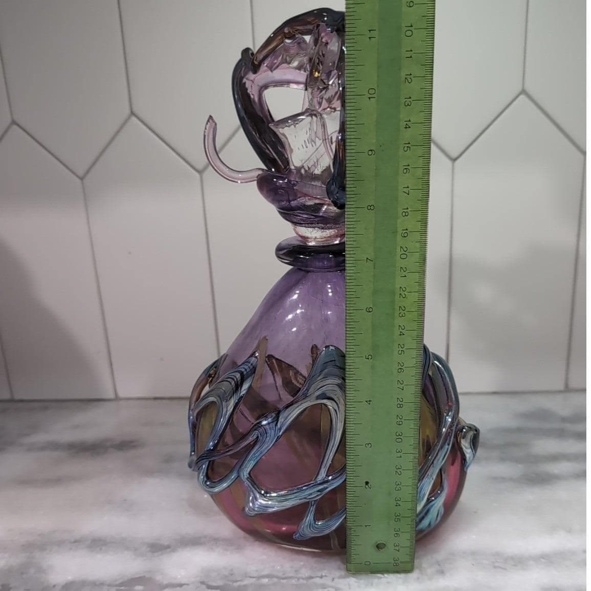 Didier Saba Purple Biot Decanter, Iridescent Blown Vase, Art Glass Collectible - Thumbnail 2
