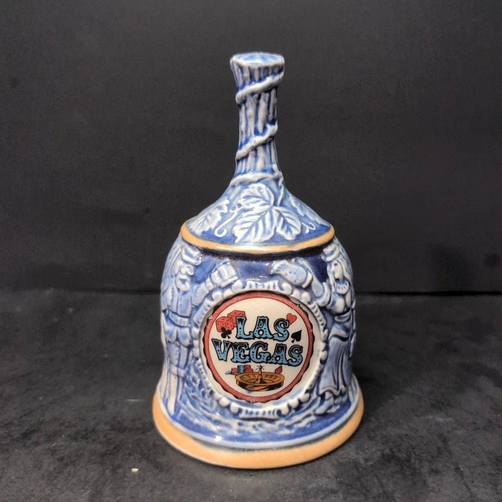 Las Vegas Raised Relief Ceramic Bell, Vintage Blue & White Souvenir, Collectible - Thumbnail 2