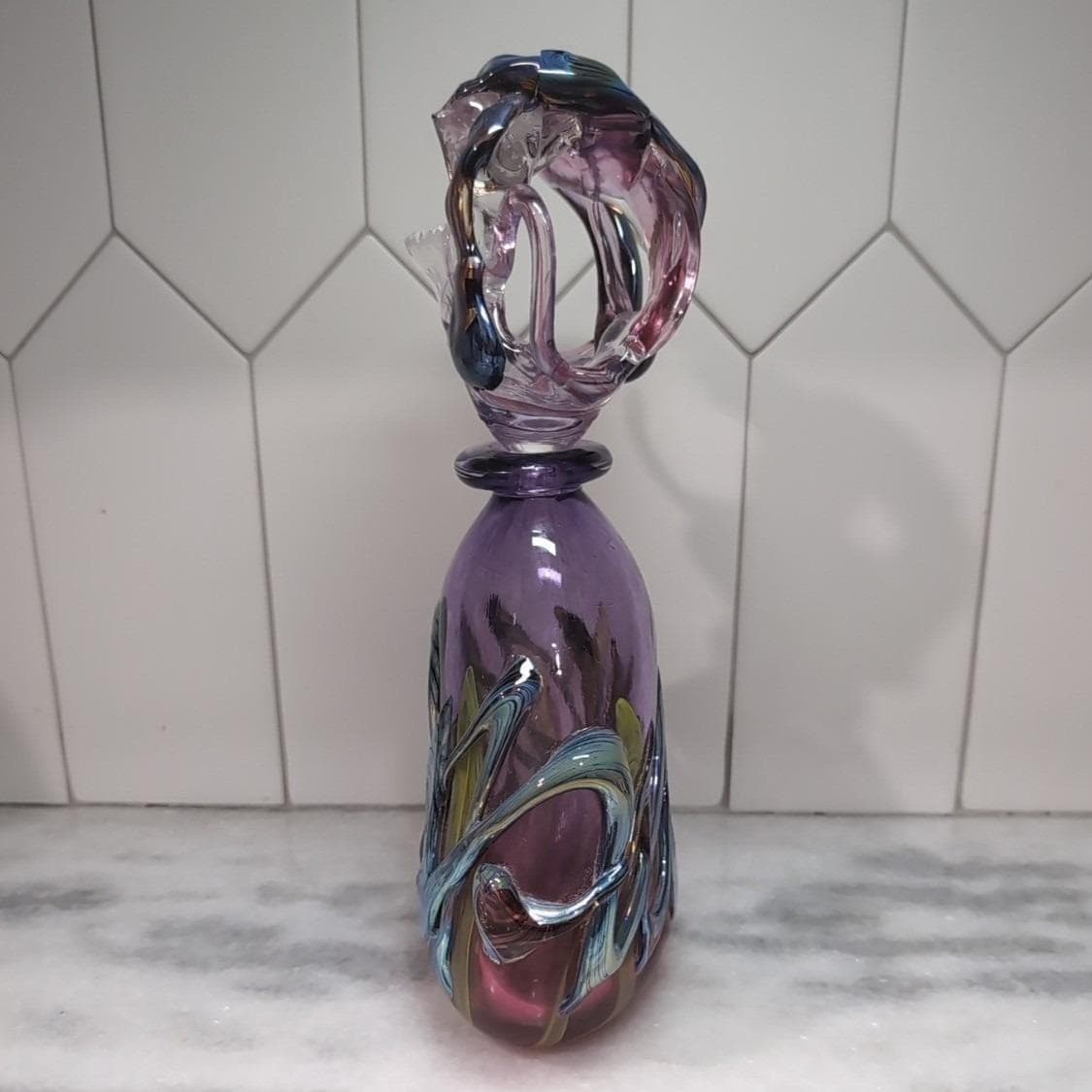 Didier Saba Purple Biot Decanter, Iridescent Blown Vase, Art Glass Collectible - Thumbnail 5