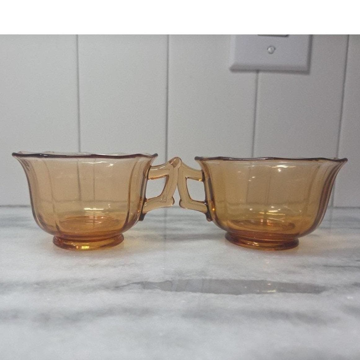 Cambridge Decagon Amber Glass Tea Cups, Set of 2, Vintage Yellow Drinkware - Thumbnail 9