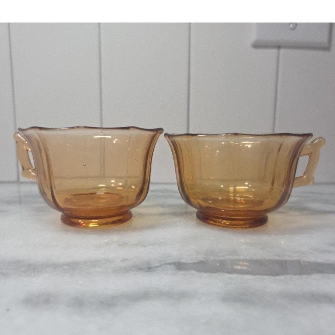 Cambridge Decagon Amber Glass Tea Cups, Set of 2, Vintage Yellow Drinkware - Thumbnail 7