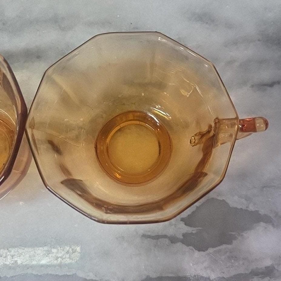 Cambridge Decagon Amber Glass Tea Cups, Set of 2, Vintage Yellow Drinkware - Thumbnail 4