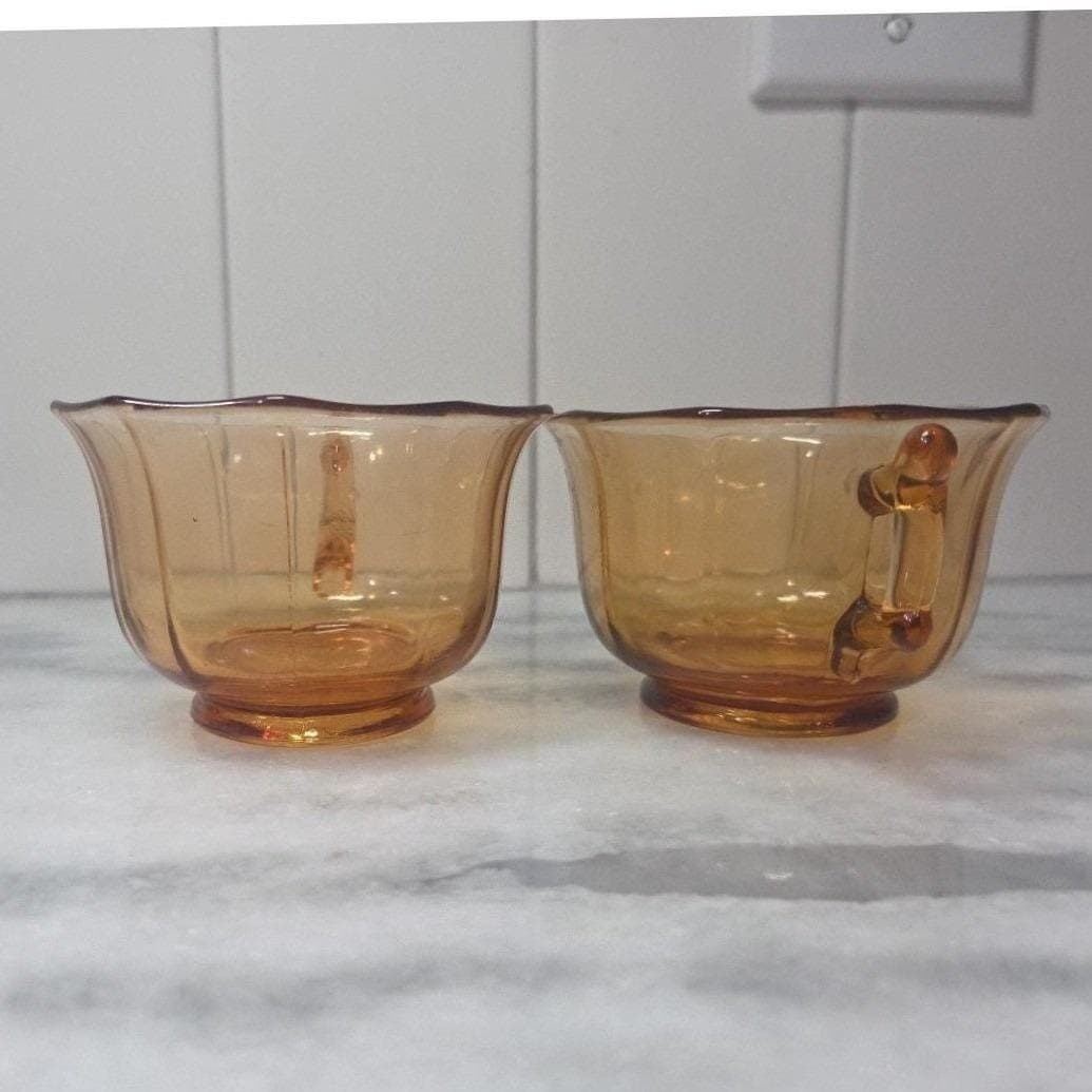 Cambridge Decagon Amber Glass Tea Cups, Set of 2, Vintage Yellow Drinkware - Thumbnail 8
