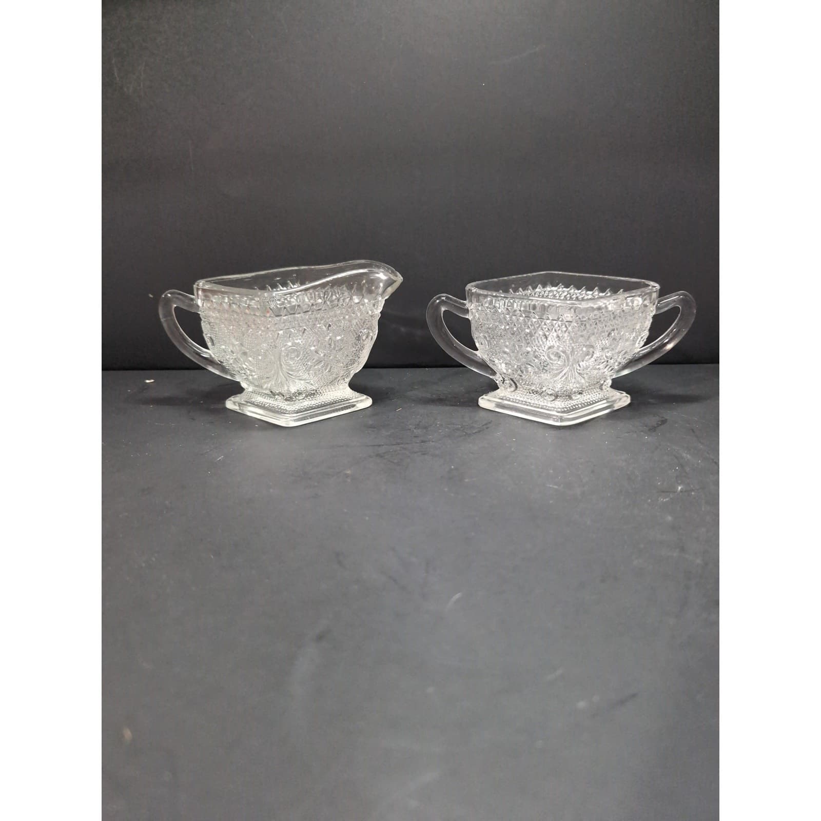 Indiana Glass Co. Sandwich Crystal Creamer & Sugar Set, Vintage Footed Glassware