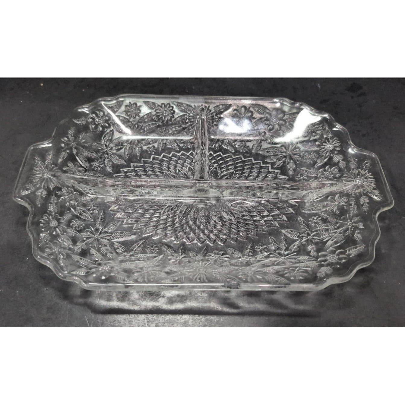 Indiana Glass Pineapple Floral Divided Platter, Vintage Clear Serving Tray/Plate - Thumbnail 2