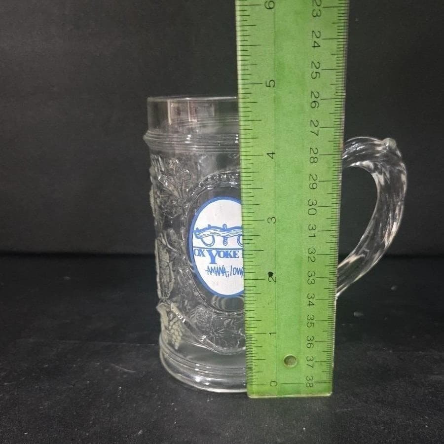 Ox Yoke Inn Embossed Glass Mug, Vintage Amana Iowa Souvenir, Pine Cones & Branch - Thumbnail 2
