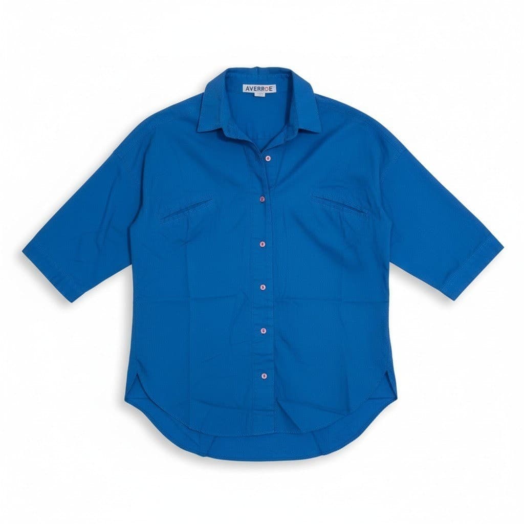 Averroe Blue Button Down Shirt 3/4 Sleeve High Low Hem, Woman's Small RN 40787